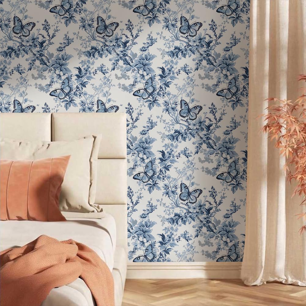 18"x236" Blue White Butterfly Flower Peel and Stick Self Adhesive Wallpaper Removable Contact Paper Stick on Easy Peel Off Wall Paper for Kitchen Bedroom Bathroom Renter