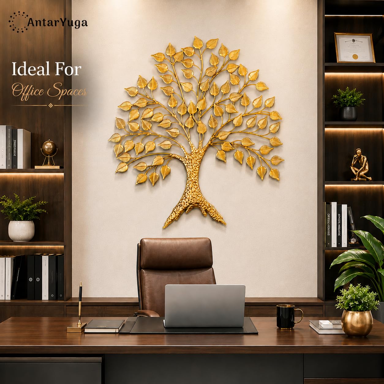 Home & Bazaar Tree of Life Metal Wall Art, Handcrafted Gold Iron Peepal Tree Wall Hanging for Living Room, Bedroom, Office & Entryway, Decorative Wall Decor, 30 x 2 x 27 Inch (76.2 x 5 x 68.6 Cm) 1