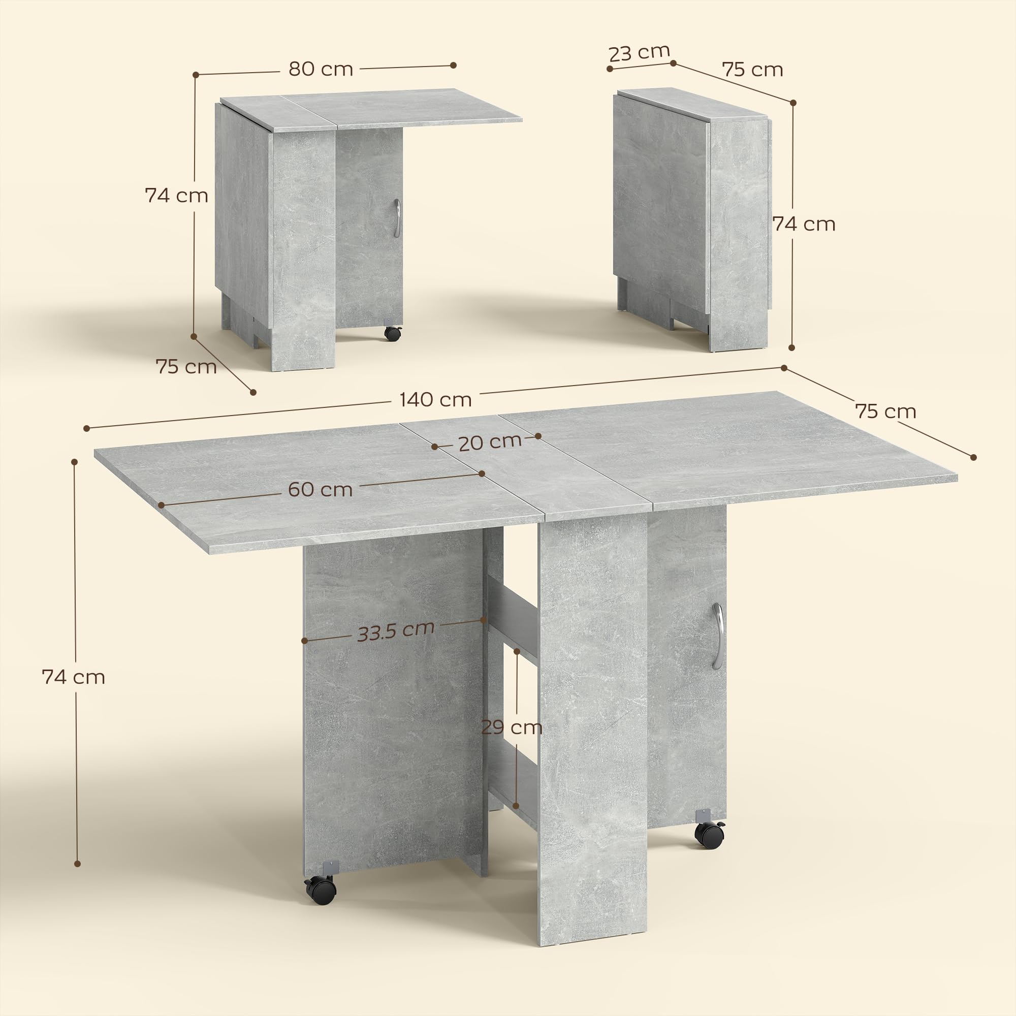 HOMCOM Tavolo da Pranzo Pieghevole, Tavolo Cucina a Ribalta per 6 Persone, Scrivania Richiudibile Salvaspazio con 2 Ripiani Aperti e Ruote a Freno, per Soggiorno, Ufficio, 140x75x74cm, Grigio Cemento