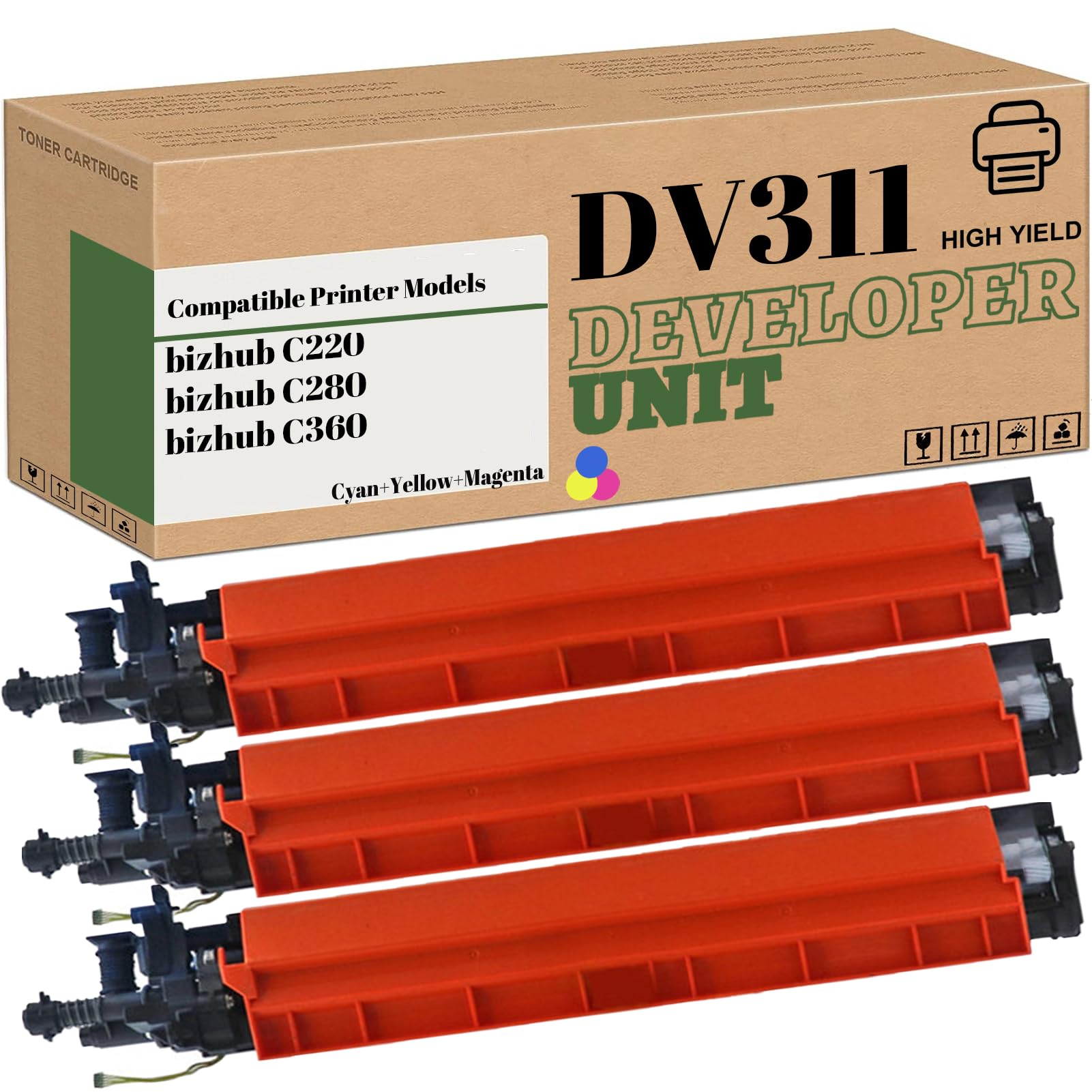 Compatible High Yield Developer Unit Replacement for Konica Minolta DV-311 DV311 for Use in Bizhub C220 C280 C360 Printer (3-Pack 1C/1M/1Y)