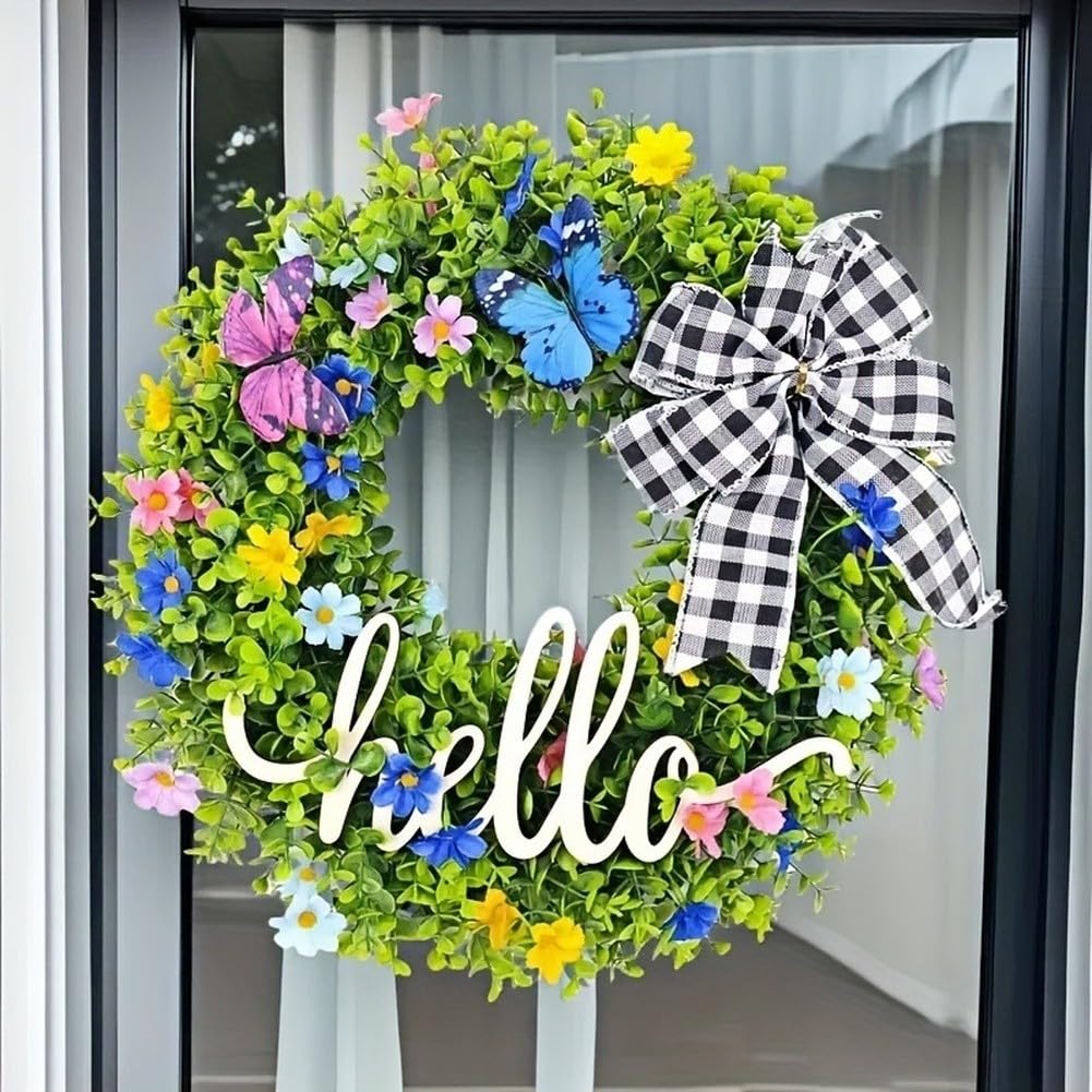 Ghirlanda di eucalipto con cartello di benvenuto, 46 cm, verde, artificiale, decorazione per porta d'ingresso, per casa, giardino, cortile, esterno, interno, da appendere alla parete