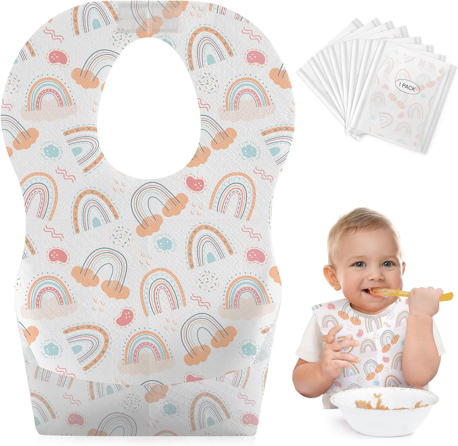 Babebay Disposable Bibs, 30 pcs Individually Packaged with Catcher and Leakproof Liner for Toddler Feeding, Baby Travel Essential, Boho Rainbow