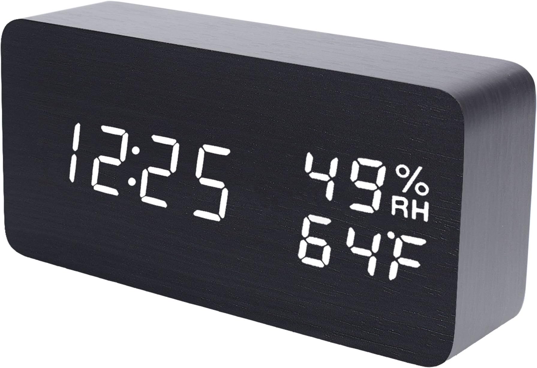 Wooden Digital Alarm Clock Modern Wood Snooze Clock Electronic Desk Clock LED Display Time Temperature Humidity Voice Control 3 Alarms 3 Brightness for Home Kids Bedroom Office Raercodia (Black,White)