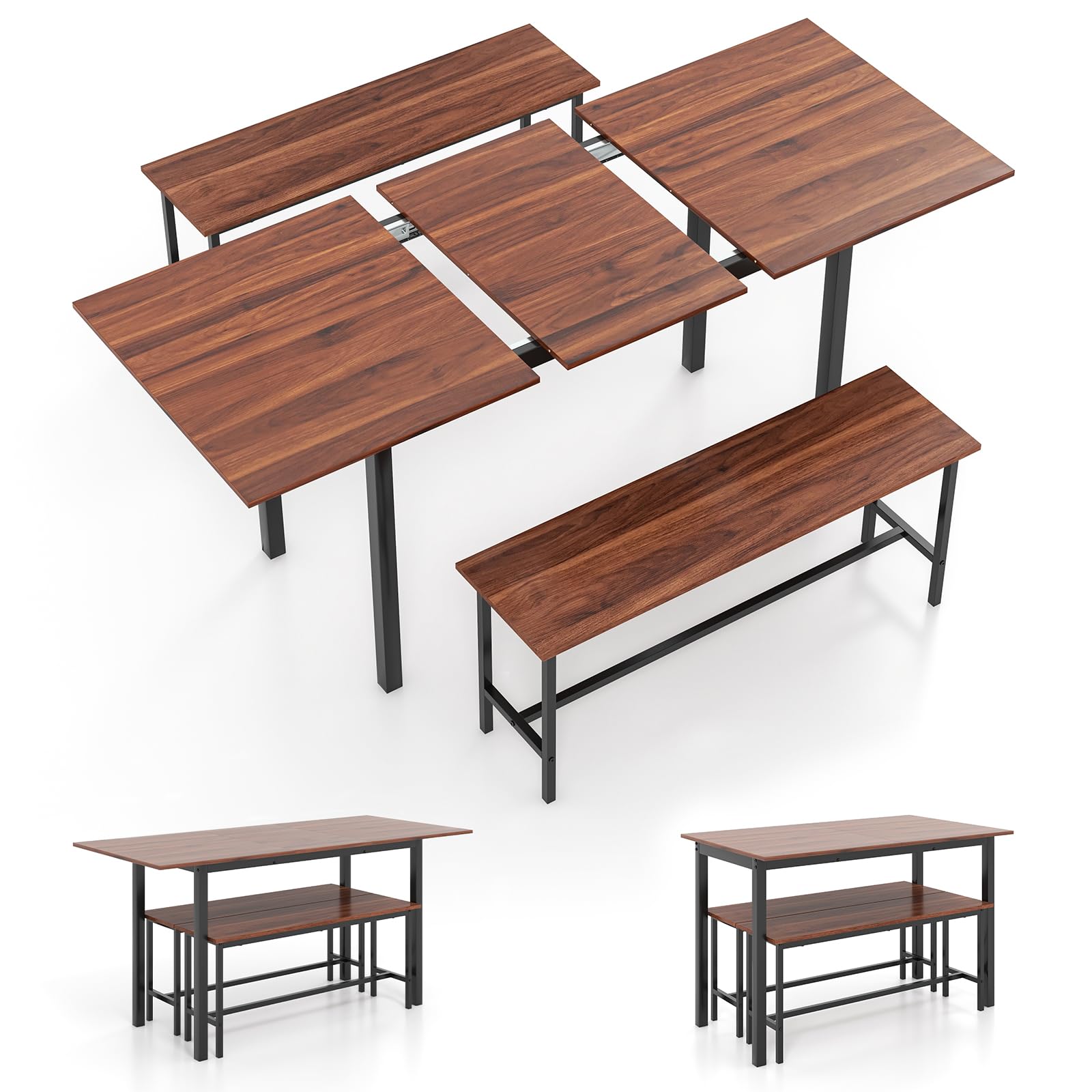 Giantex 3-Piece Dining Table Set for 4-8, 63” Extendable Dining Table with 2 Benches, Metal Frame, Dinette Table Set for Dinner, Breakfast Nook,