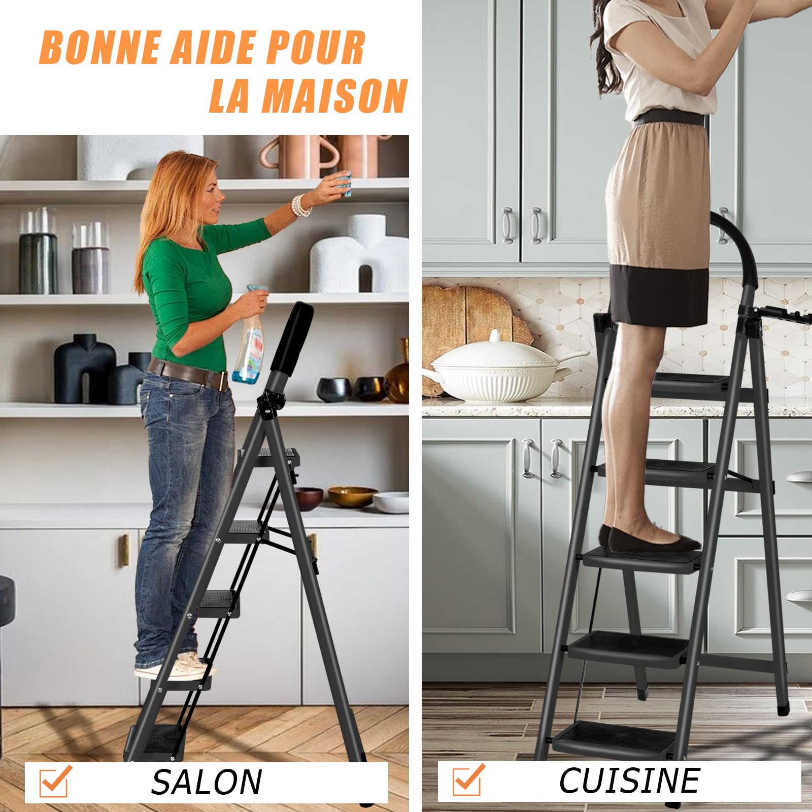 Escabeau Pliable 5 Marches avec Plateau à Outils et Mains Courantes, pour Maison Cuisine Garde-Manger Placards Bureau, Échelle Marche Pied Pliante 5-Level pour Intérieur Extérieur (Noir)