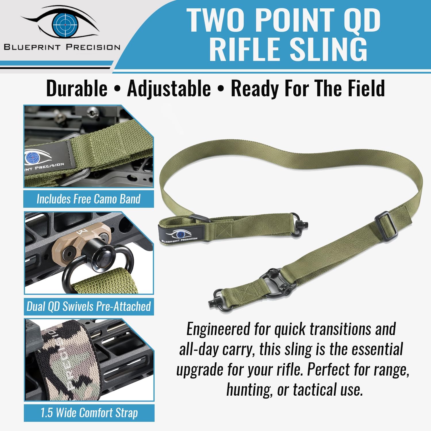 Rifle Sling - Durable Two Point Sling with Fast Adjust Pull Tab, Dual QD Mounts & Free Camo Sling Band