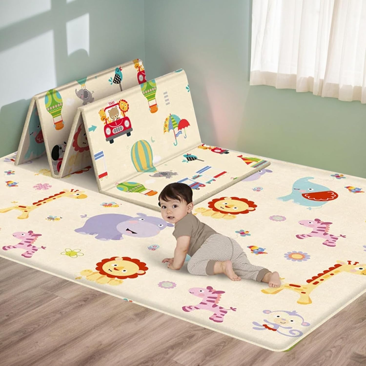 Baby Play Mat 71x40 Foldable 2 Side Play Mat, Safe Eco-Friendly PE Foam Pad for Kids Waterproof Anti-Slip Crawling Baby Floor for Toddlers, Style 2