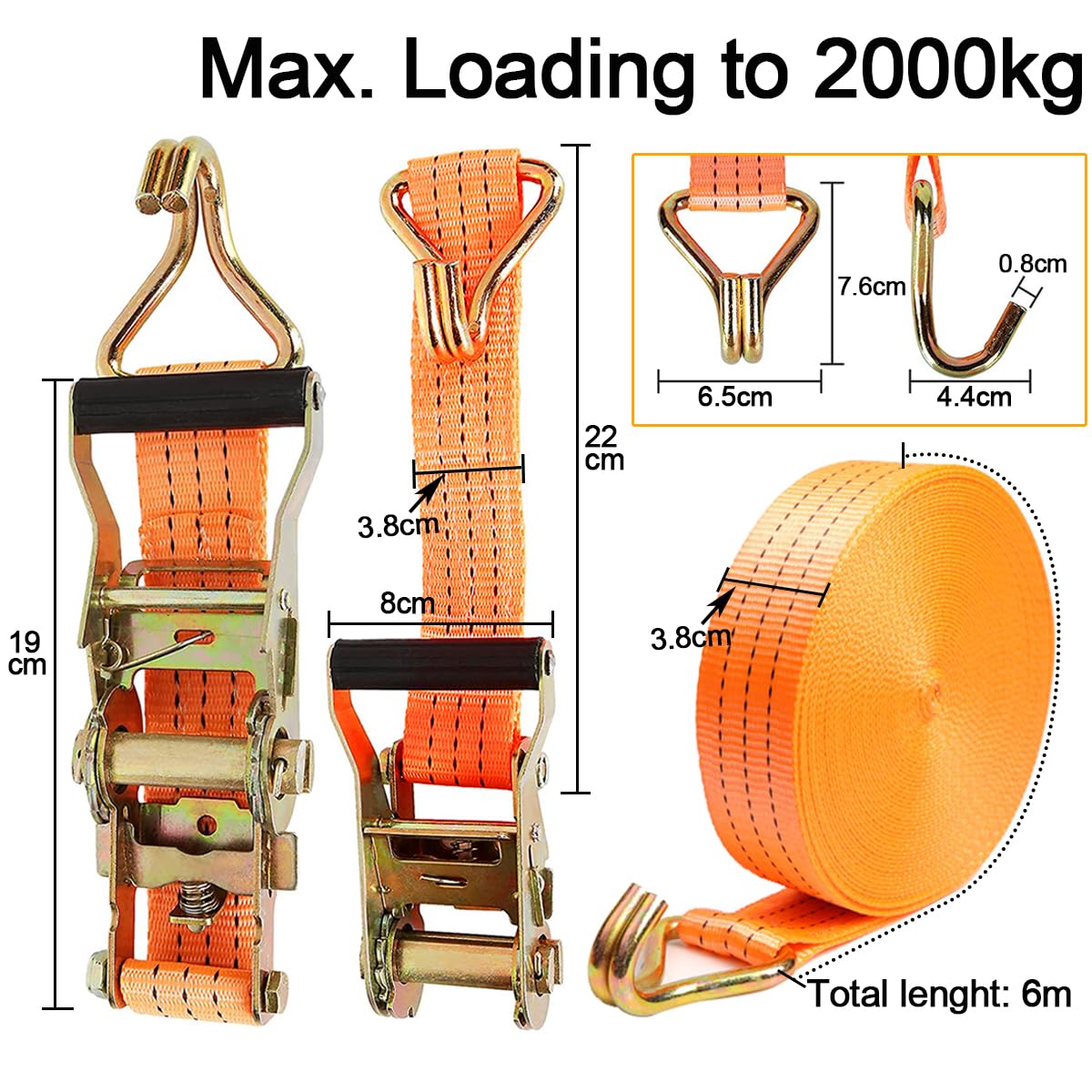 2Pcs Extra Wide Heavy Duty Ratchet Straps: 1.5 Inch (3.8cm) x 6m (20 FT) - Image 2