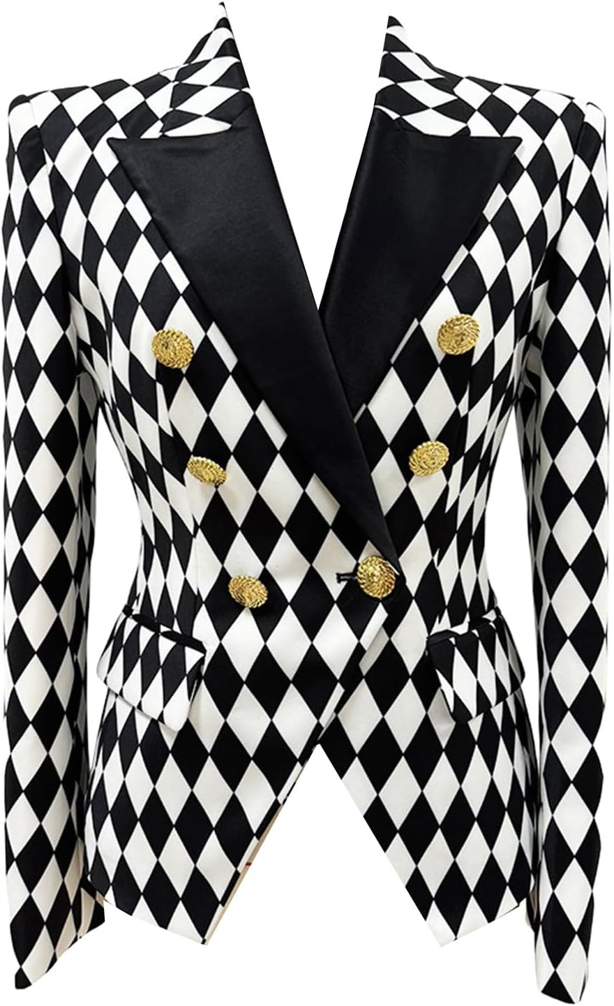 Women's Black and White Diamond Plaid Blazer Double Breasted Suit Jacket