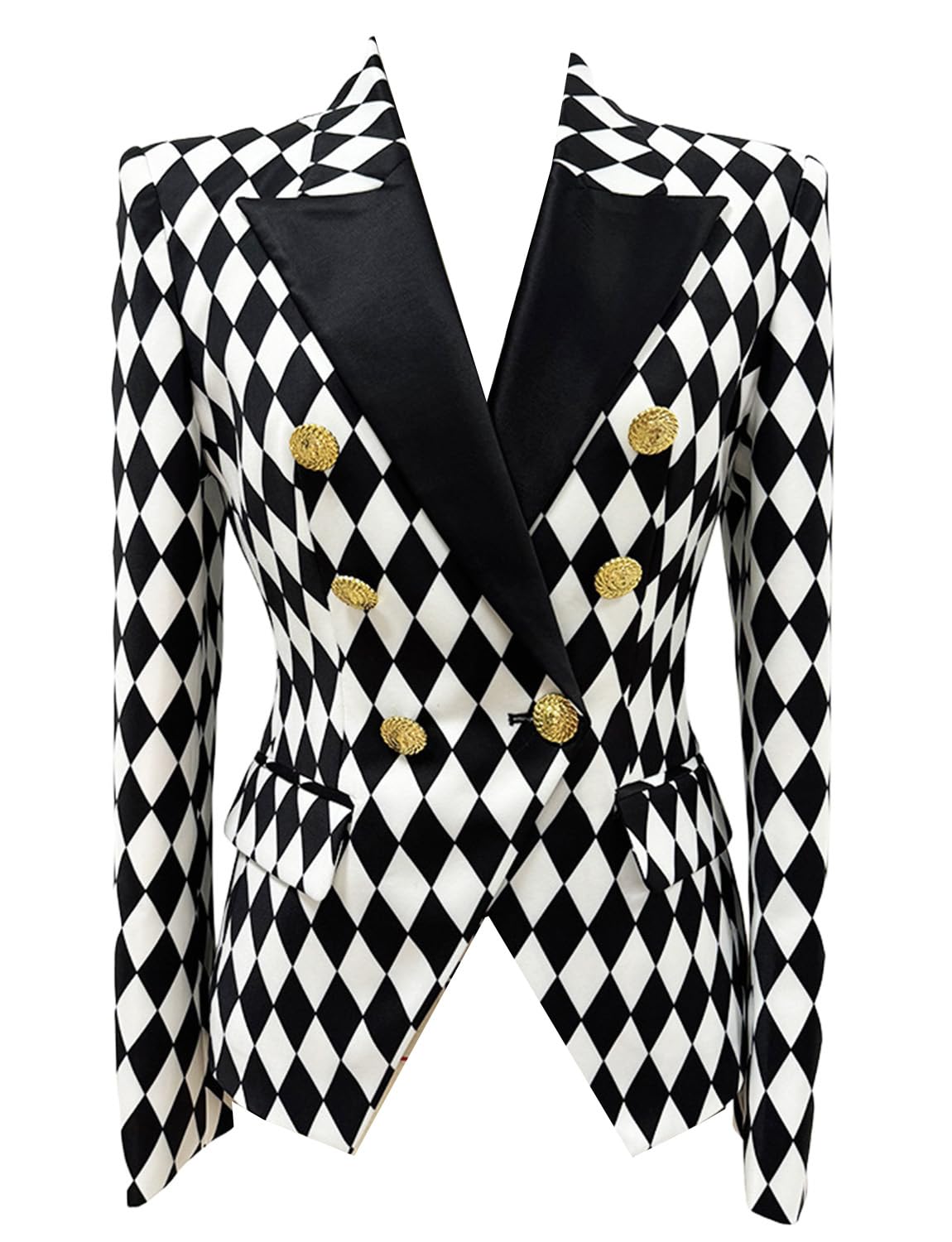 Womens Black and White Diamond Plaid Blazer Double Breasted Suit Jacket