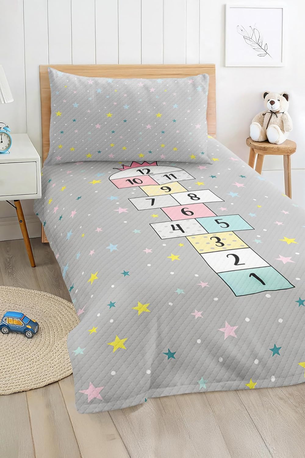SODEF Bedding Set Star Patterned Pastel Colored Kids and Teens Room Quilt Set, Breathable Cotton Polyester Blend, Twin Size, Multicolor, 2 Piece - Multicolor, One Size