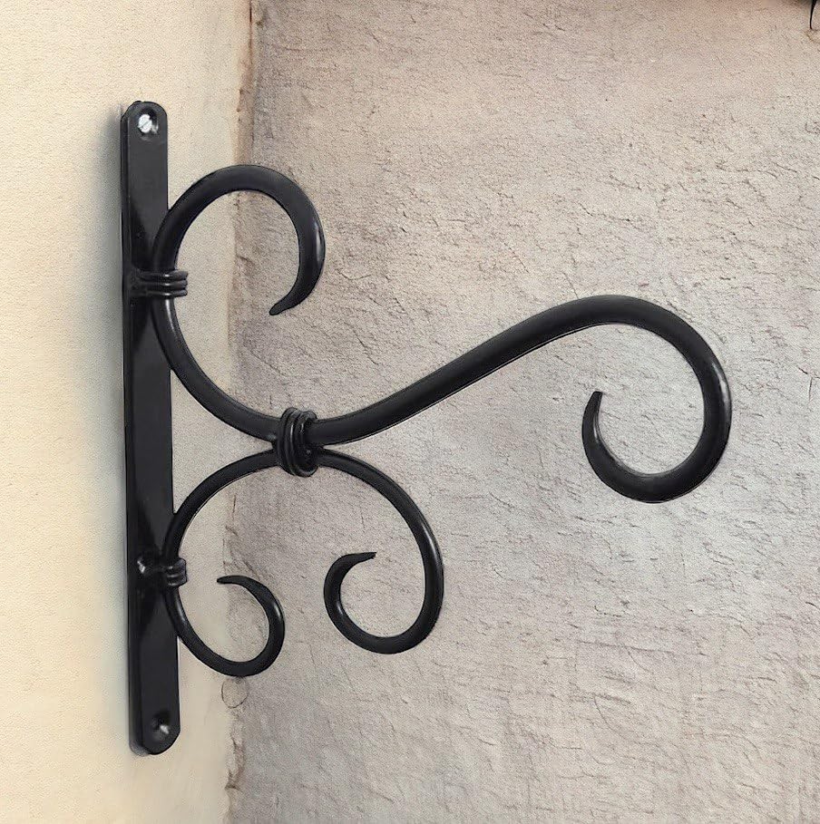 "Black Iron Outdoor Hanging Planter Brackets - Medium Size (7 x 1 x 4 inches) - Wall Mounted Garden Plant Holder (1)