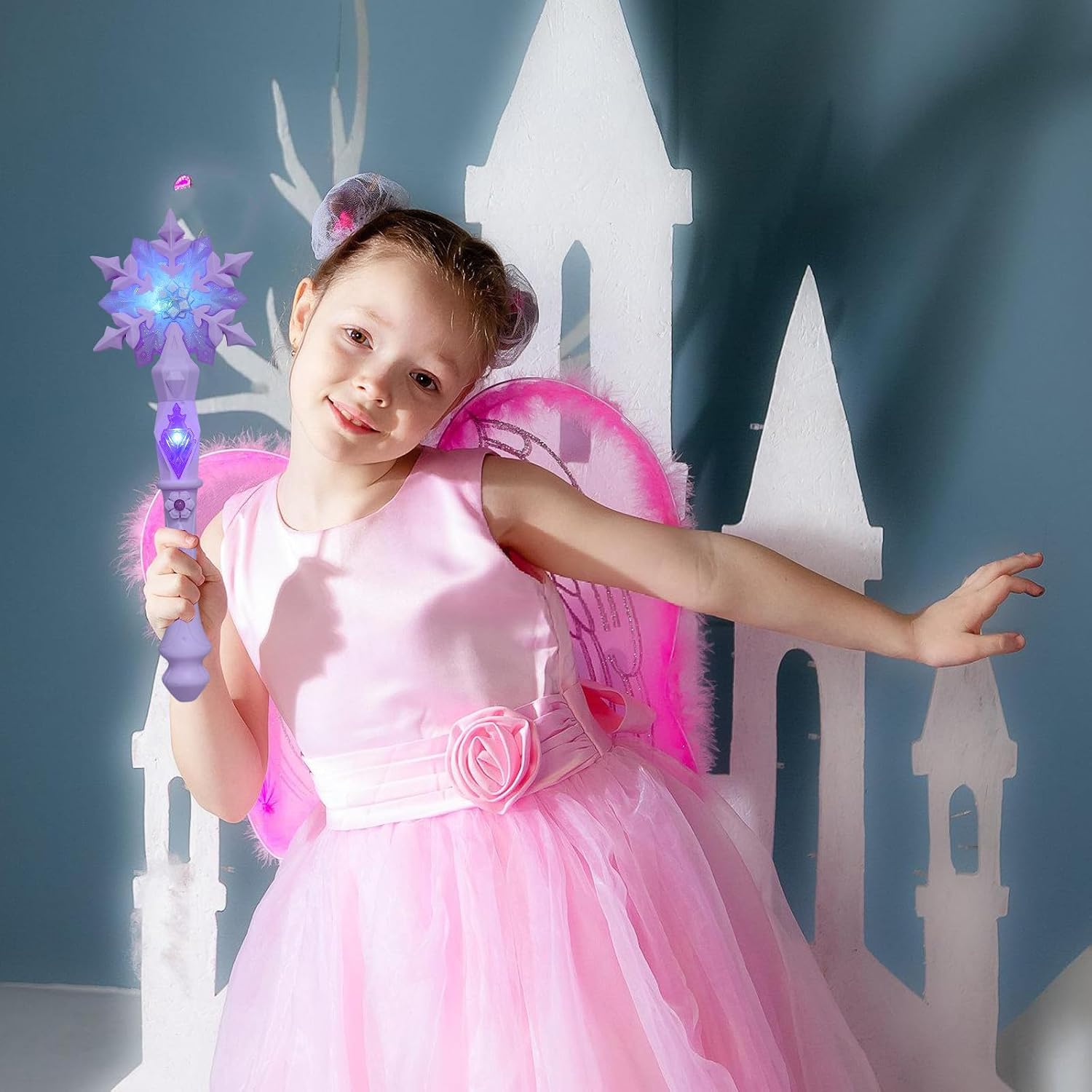 TOYANDONA 2pcs Light Up Snowflake Wands - Light Up Glow Princess Wands with Sound for Kids Girls Princess Birthday Party Cosplay Costume Accessories