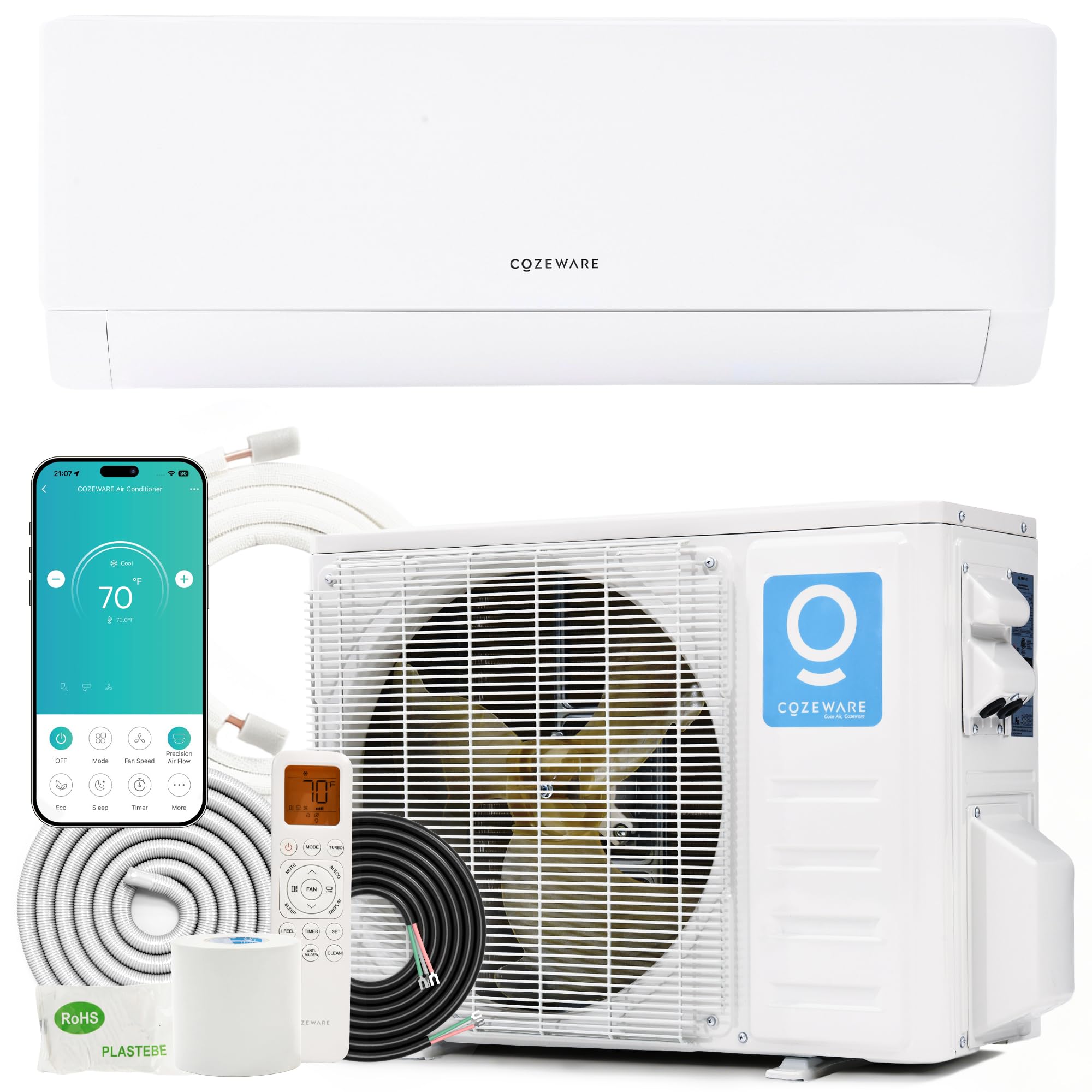 Cozeware Cozeware E-Save 12000BTU Mini Split AC/Heating System, 20 SEER2 208-230V Inverter AC Unit, AI-ECO 38% Extra Saving, Works with Alexa & Wifi, Cool & Heat Up to 750 Sq. Ft, Complete Installation Kit