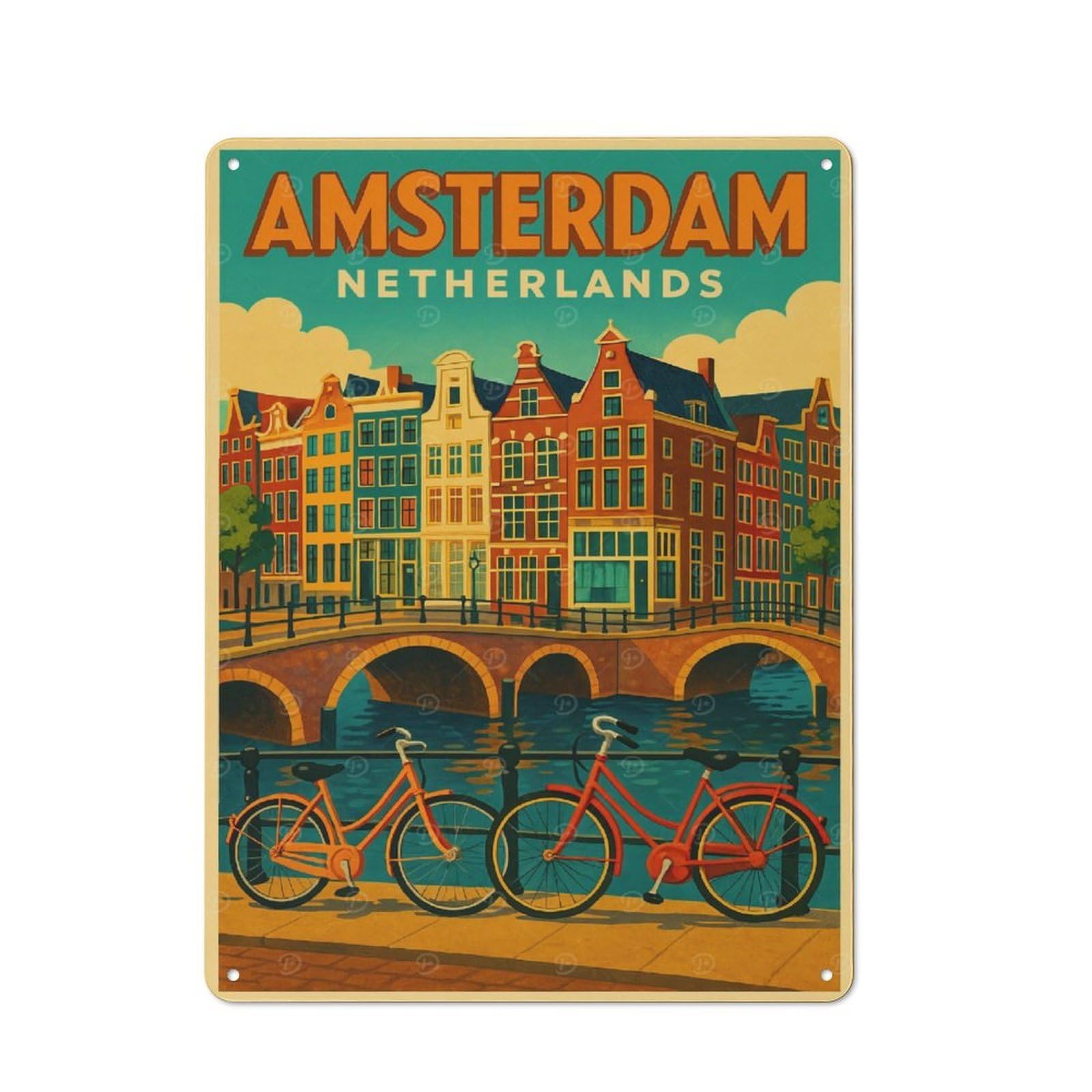 Junmoney Style-15 Vintage Amsterdam Netherlands Travel Vintage Metal Sign 40X30cm, Restaurant Wall Art For Takeaway, Bar, Kitchen Or Counter Area
