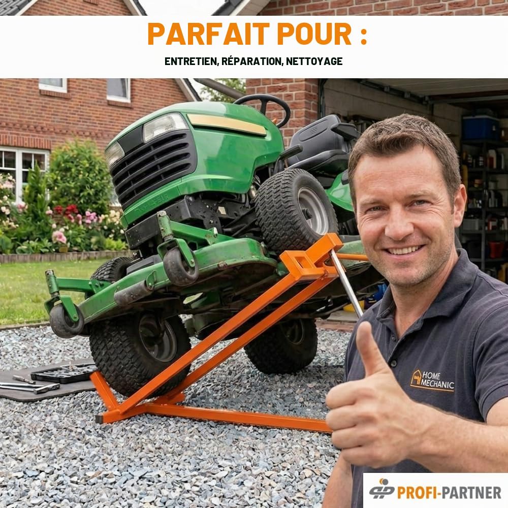 Lève-tondeuse inclinable – Dispositif de levage jusqu’à 400 kg | Réglable en continu, pliable & stable | Pour tondeuses, quads, tracteurs-tondeuses et autres