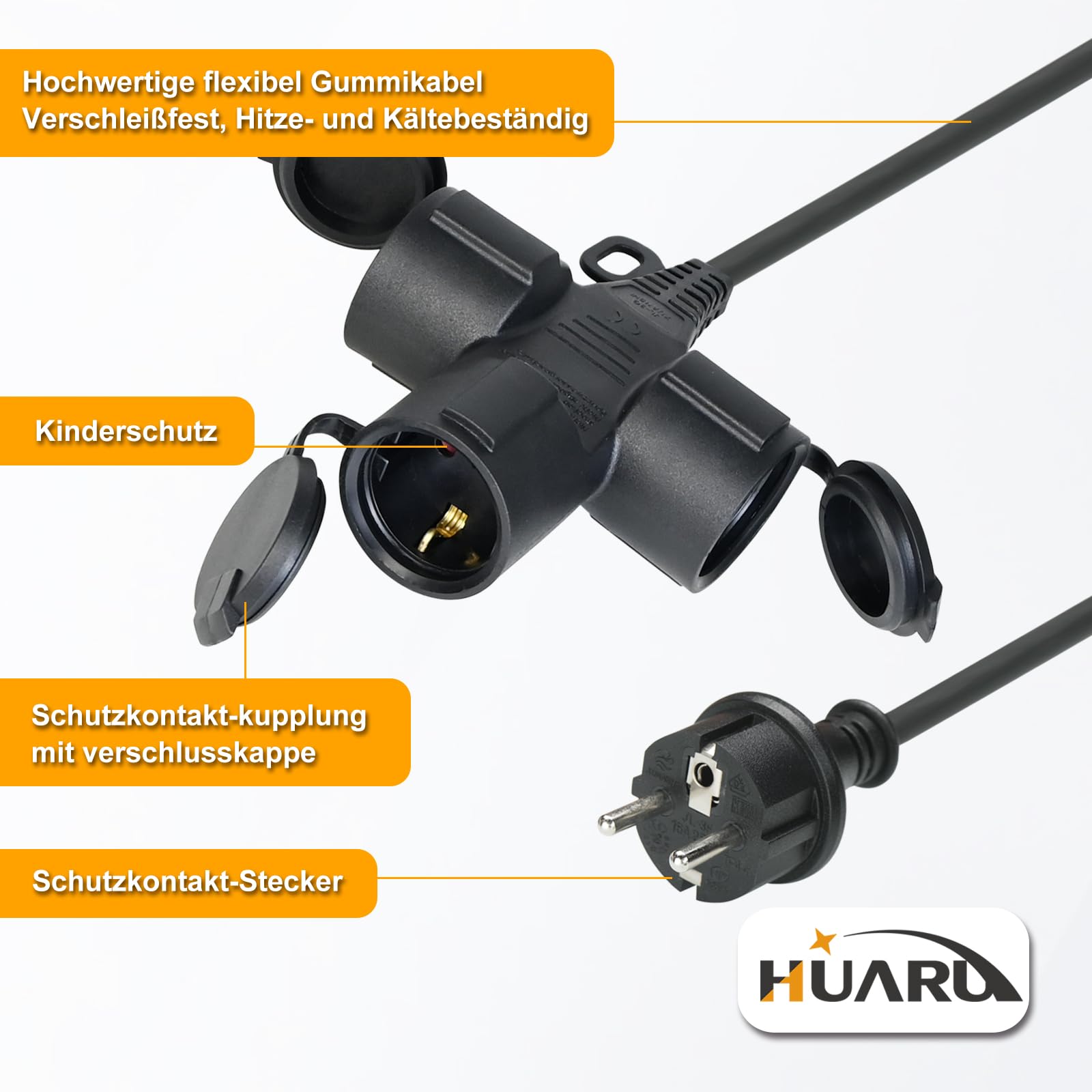 Cavo di prolunga per esterni, 15 m, con 3 prese Schuko, prolunga in gomma da 3500 W, con tappo di protezione per esterni, IP44, cavo di alimentazione H05RR-F 3G1,5 mm² con 3 collettore a 3 scomparti,