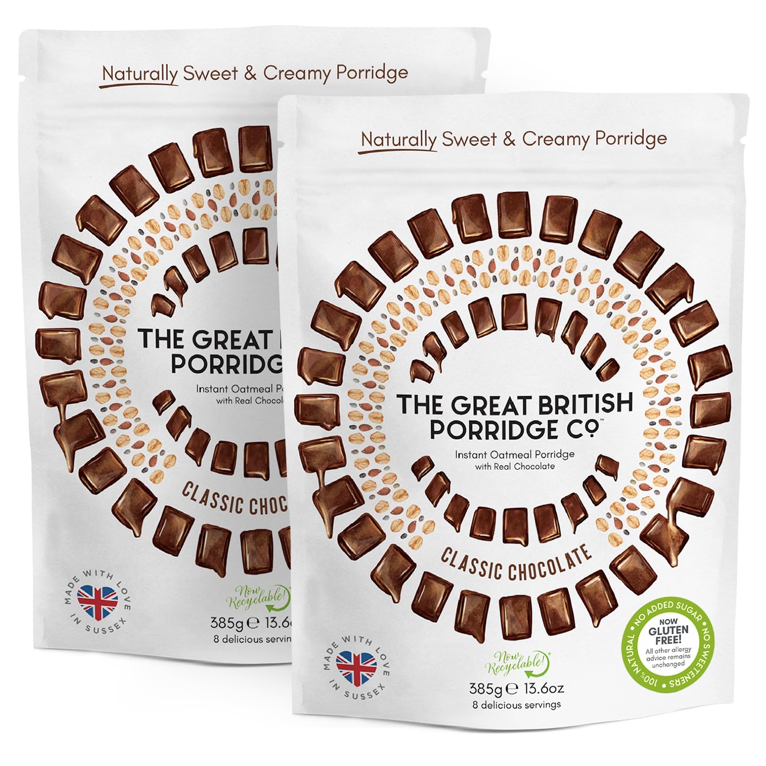 Classic Chocolate Gluten-Free Instant Oatmeal Porridge from The Great British Porridge Co - Naturally Sweet & Creamy Porridge Oats - 2 x 385g Pouch - 100% Natural, Plant Based, High Fibre