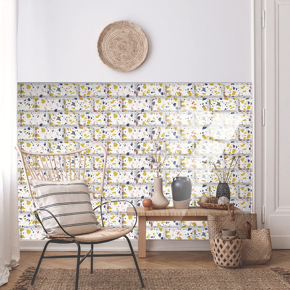 LMYSXAOZ Tile Stickers Stick on Tiles, Self Adhesive Wall Tiles for Kitchen Bathroom, Oil Proof Peel and DIY Floor Marble 20x10cm (48PCS,Yellow Blue)
