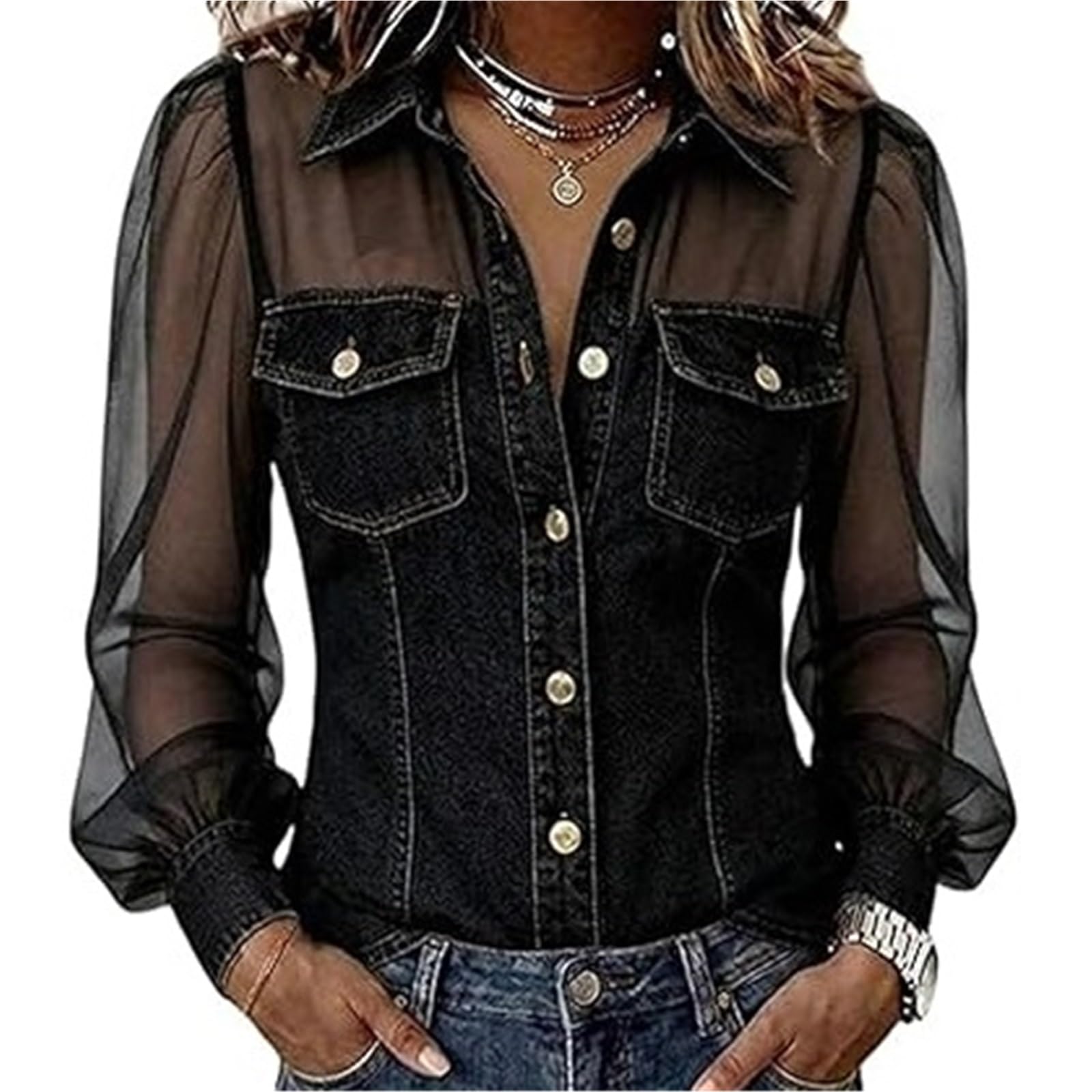 Camicia in Denim A Maniche Lunghe con Inserti Camicia in Denim da Donna A Maniche Lunghe in Rete Trasparente, Camicetta Abbottonata con Tasche sul Petto