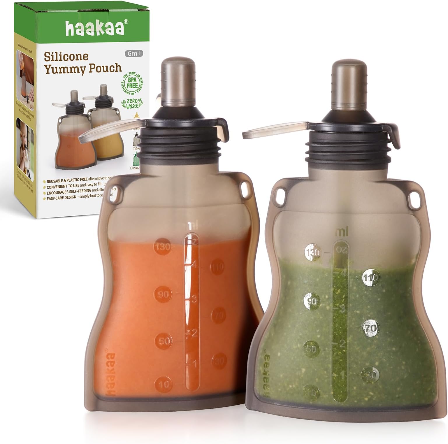 Haakaa Yummy Pouch Reusable Baby Food Pouch, Baby Food Storage Kids Squeezable Pouch, Washable Freezer - Make Homemade Organic Food for Babies/Toddlers, 4oz, 2 Pack,6m+