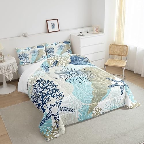 Miniatura 4 de Erosebridal Juego de edredón de estrellas de mar, ropa de cama de animales costeros para niños y niñas, juegos de edredón de conchas de playa,