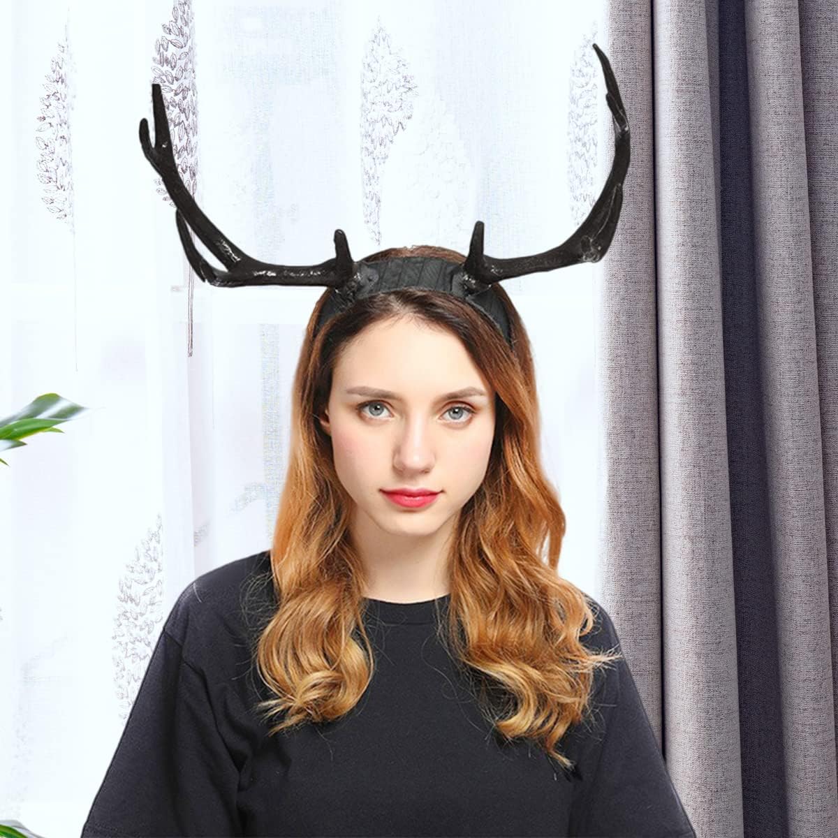 FERCAISH Reindeer Antler Headband, Black Deer Horn Elk Headband Headpiece for Christmas Party, Large Antler Ears Hairband - Image 5