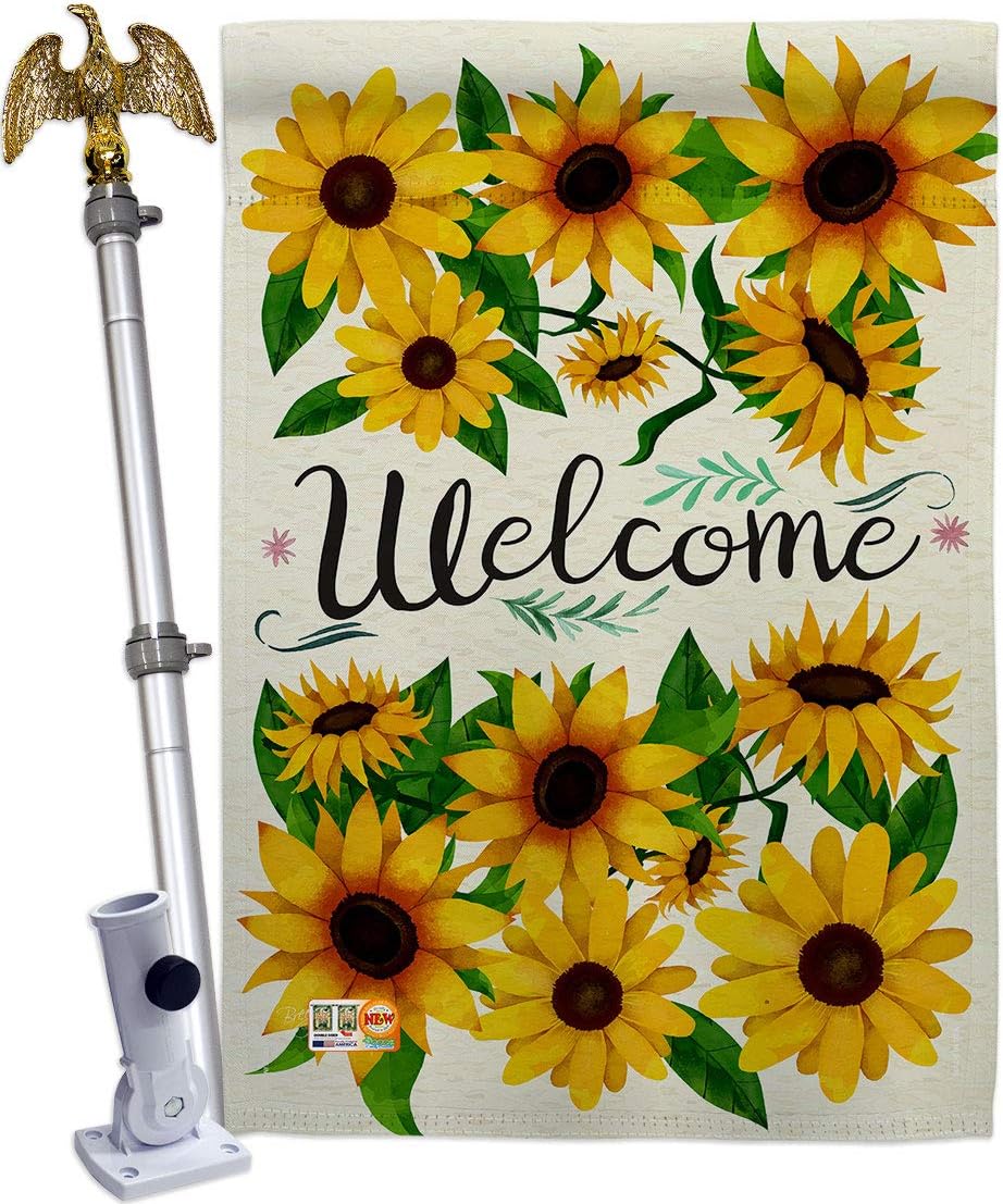 Welcome Sunflowers Bouquet House Flag Dowel Set Garden Floral Sunflower Tulip Rose Orchid Lilies Season Springtime Flower Wreath Small Decorative Gift Yard Banner Made In USA 28 X 40