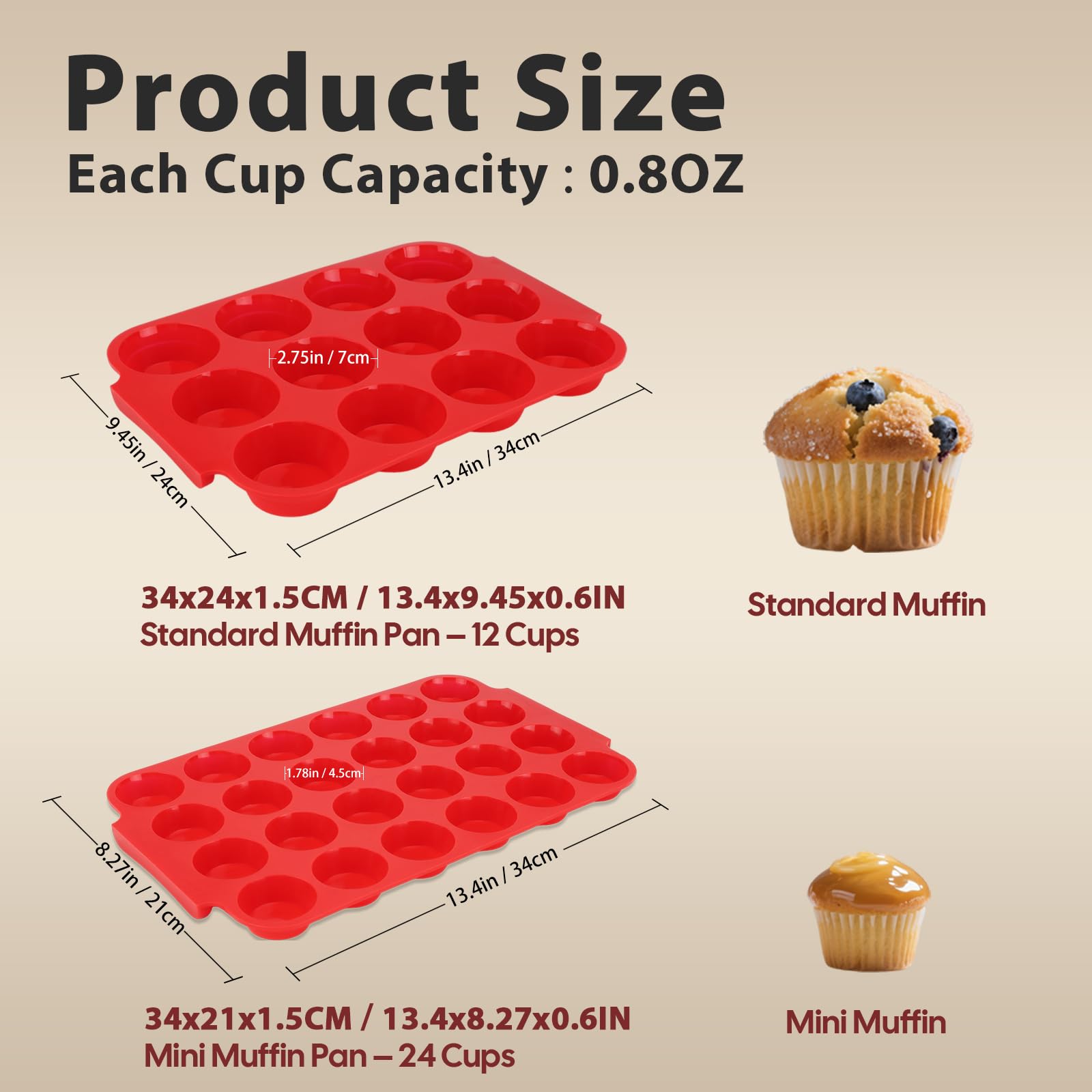 Jalopink Confezione da 2 teglie per muffin in silicone per la cottura, standard e mini, con manico, certificate per uso alimentare, antiaderente, inodore, senza BPA, stampo in silicone per muffin