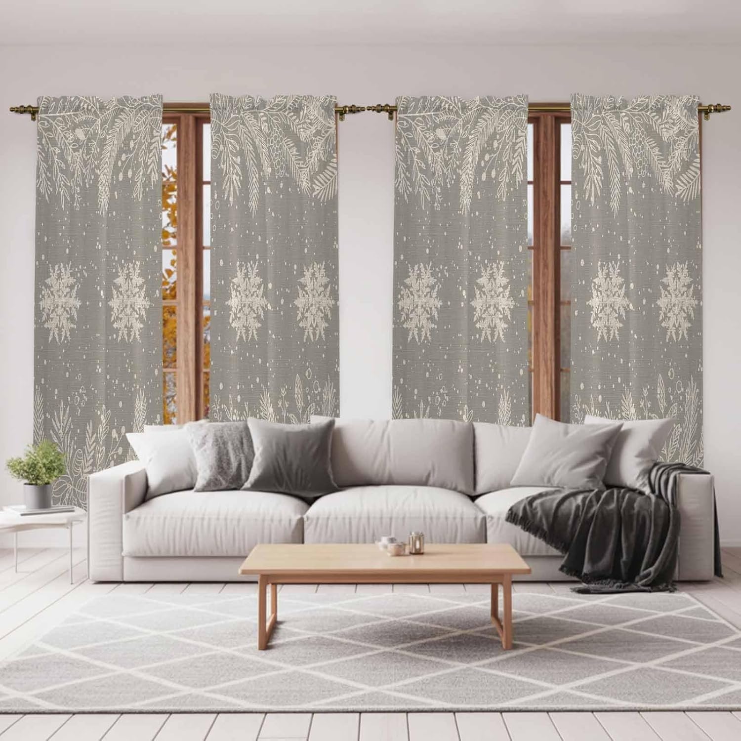 Christmas Snowflakes Window Curtains 72 Inch Long 2 Panel Set,Rod Pocket Long Curtains & Drapes,Winter Xmas Pine Leaf Grey on Linen Light Filtering Window Treatment for Bedroom Living Room 52"W x 72"L