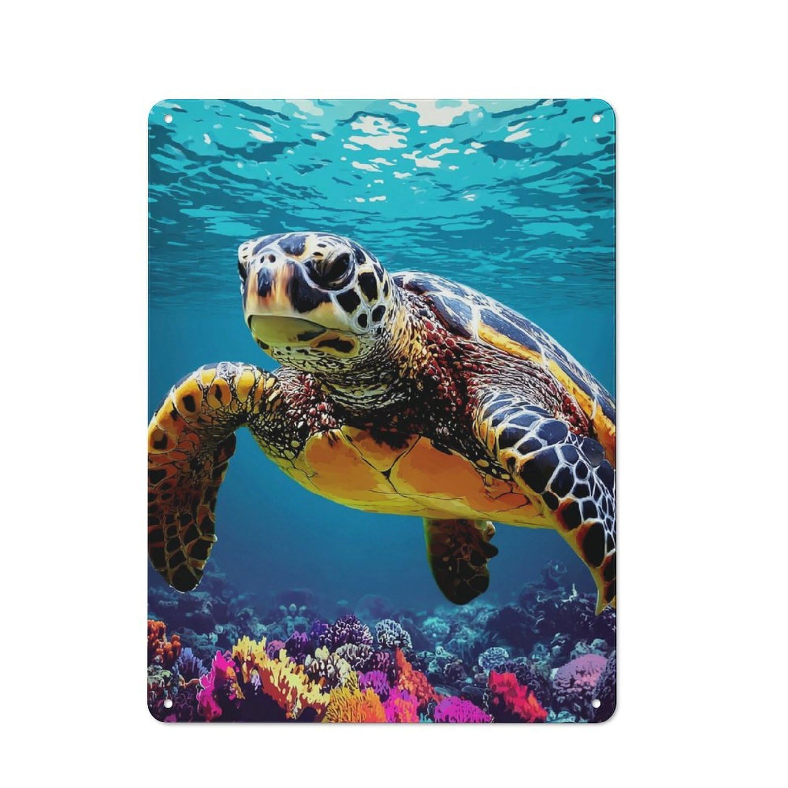 Junmoney Colorful Sea Turtle Swimming-1 Metal Wall Sign 40X30cm Featuring For Café Or Restaurant, A Decorative Metal Sign For Cafés And Restaurants