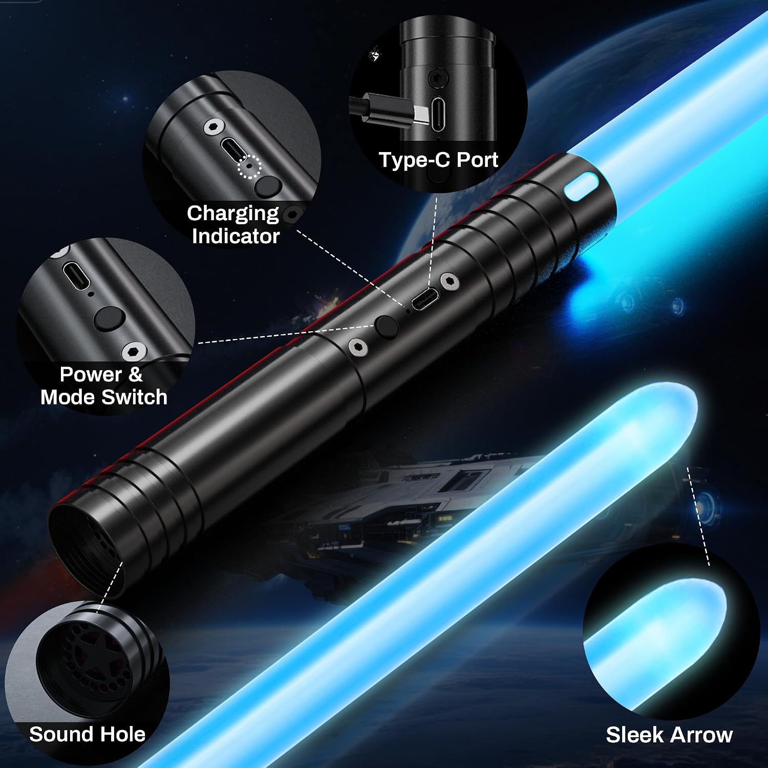 Lightsaber, Mini Light Saber with RGB 20 Colors and 3 Modes, Type-C Rechargeable Lightsabers with Metal Handle, Light Sword Toy for Kids Christmas Halloween Birthday Gift, 23.4in, 1PC