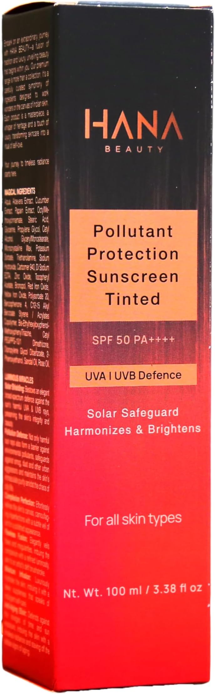 Hana Beauty Pollutant Protection Sunscreen Tinted SPF 50 PA++++ | UVA & UVB Protection | Quick Absorbing | Sweat Resistant | Even Toned & Glowing Skin | For Men & Women | 100ml