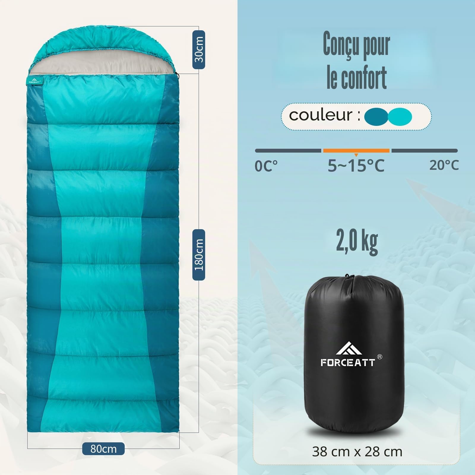 Forceatt Sac de Couchage pour Adultes et Adolescents | 3 saisons et temps froid（-10 ℃ à 18 ℃）丨Idéal Pour le Camping, La Randonnée et D'autres Activités de Plein Air丨Résistant à L'eau, Léger et Chaud.