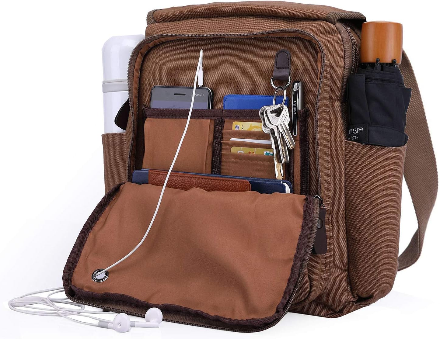Canvas Messenger Bag Over Shoulder Purse Crossbody with 2 Side Pocket for Water Bottle & Umbrella