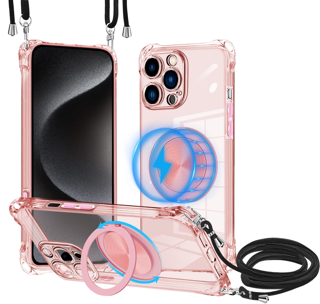 iPhone 15promax保護ケースMagSafe対応360度回転リングブラケットワイヤレス充電可能iPhone 15promax首掛け肩掛け背斜掛け設計ストラップ着脱調節可能耐衝撃TPU薄材質ブラケットサポート横縦画面 車載対応 全方位保護便利