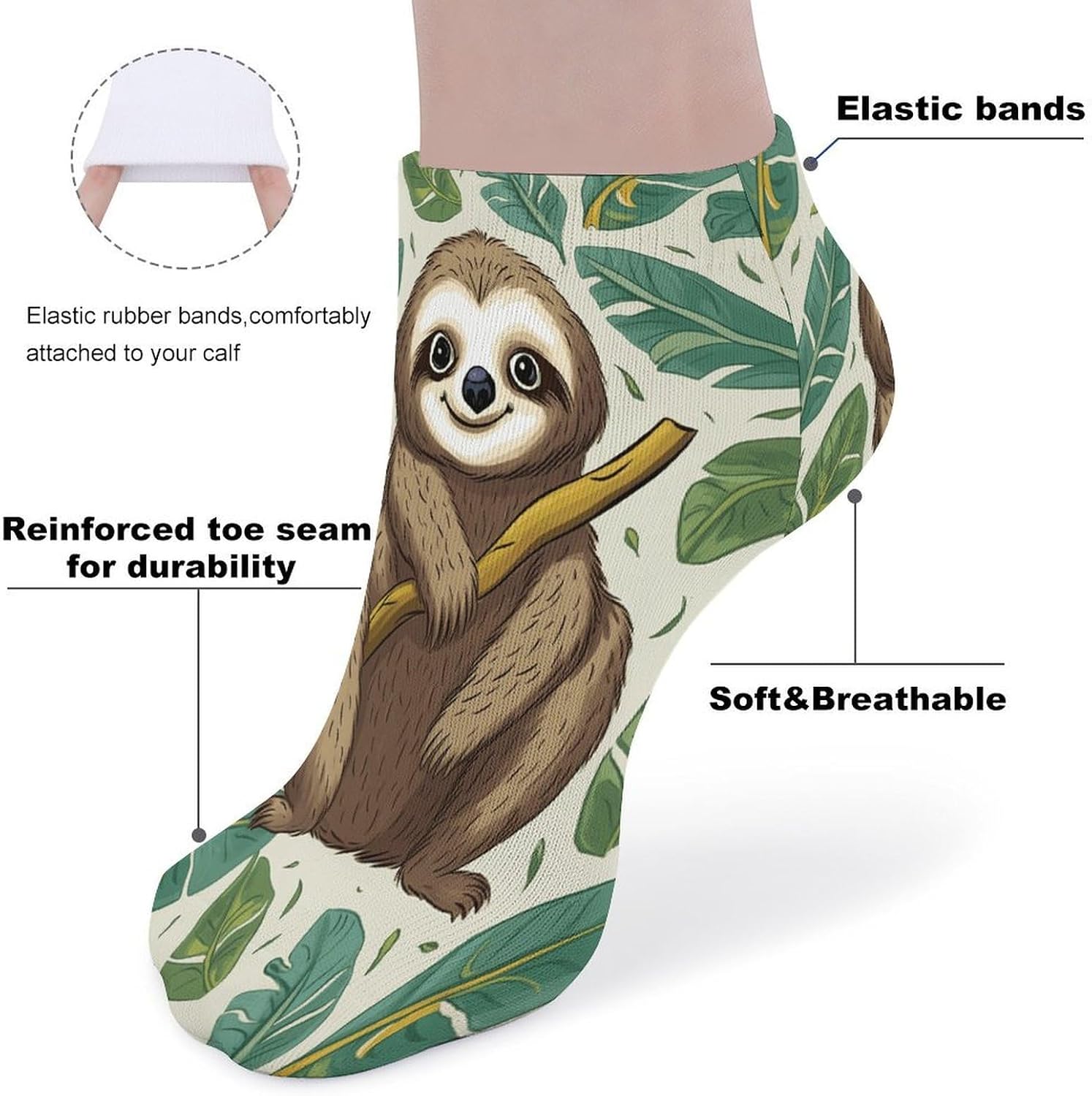 Adorable Sloth Ankle Sock,Cushioned Crew Socks Low Cut Compression Running Sock with Ankle Support for Men Women(5 Pairs)