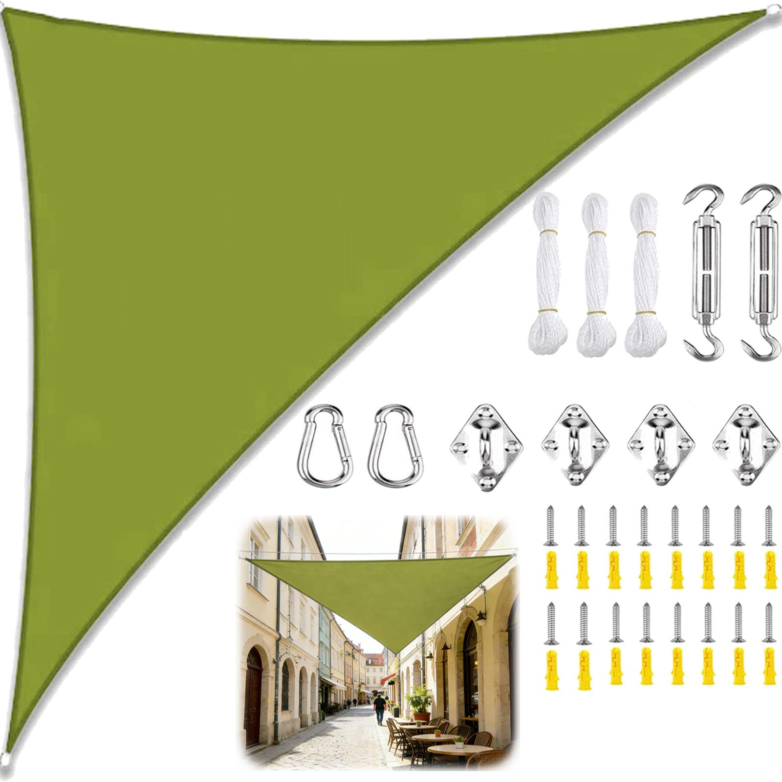 Sun Shade Sail Triangle Waterproof, Sunscreen Awning Canopy with Rope Fixing Kits, Triangle Patio Sail Pergola for Outdoor Garden Patio Party Backyard Yard Camping-Yellow-green||5x5x7.1M โ image 1