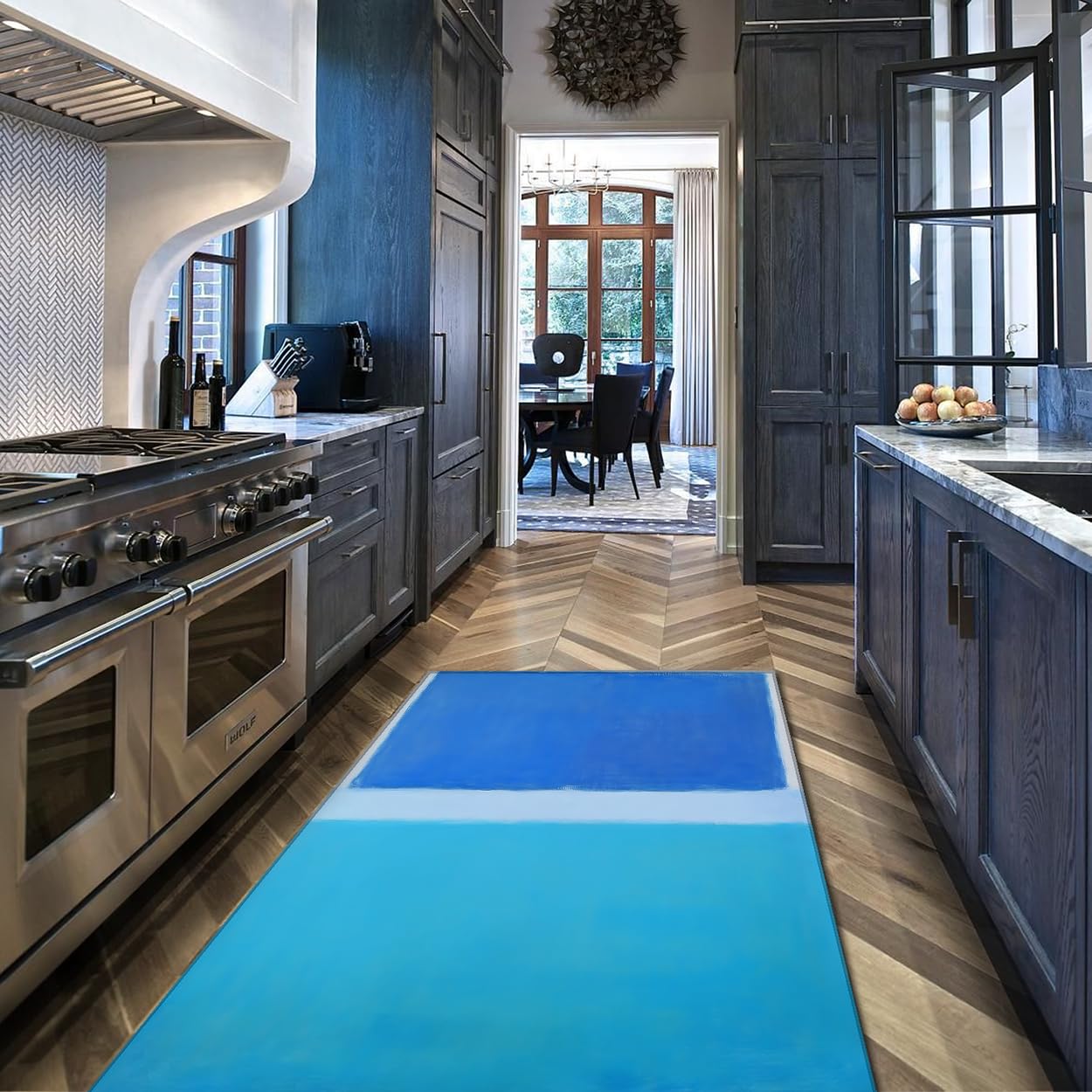 Tapis lavables bleus à motifs géométriques abstraits et envers sécurisé