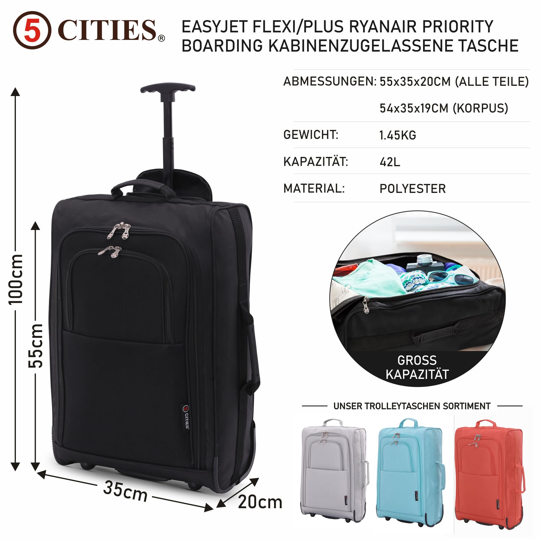 5 Cities Leichte Reisetasche mit 55 cm Rädern