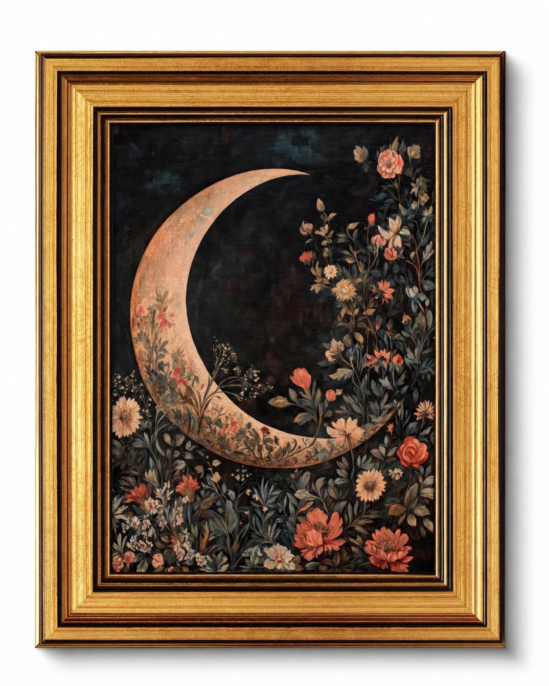 Vintage Gold Framed Wall Art Dark Floral and Moon Painting Picture Wall Decor Gothic Mystical Celestial Flower Poster Print Artwork for Living Room Bedroom Home