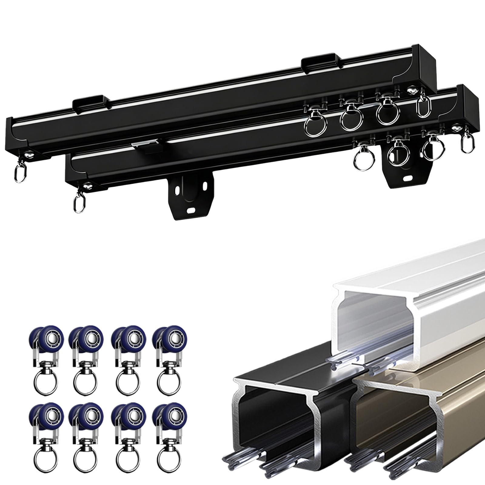 Wall/Ceiling Mount Double Curtain Track Rod Set, Heavy-Duty Slilent Aluminum Curtains Tracks, Aluminum Curtain Rails System for Home & Office, with Roller, Bracket(Black,70cm(2.3ft))