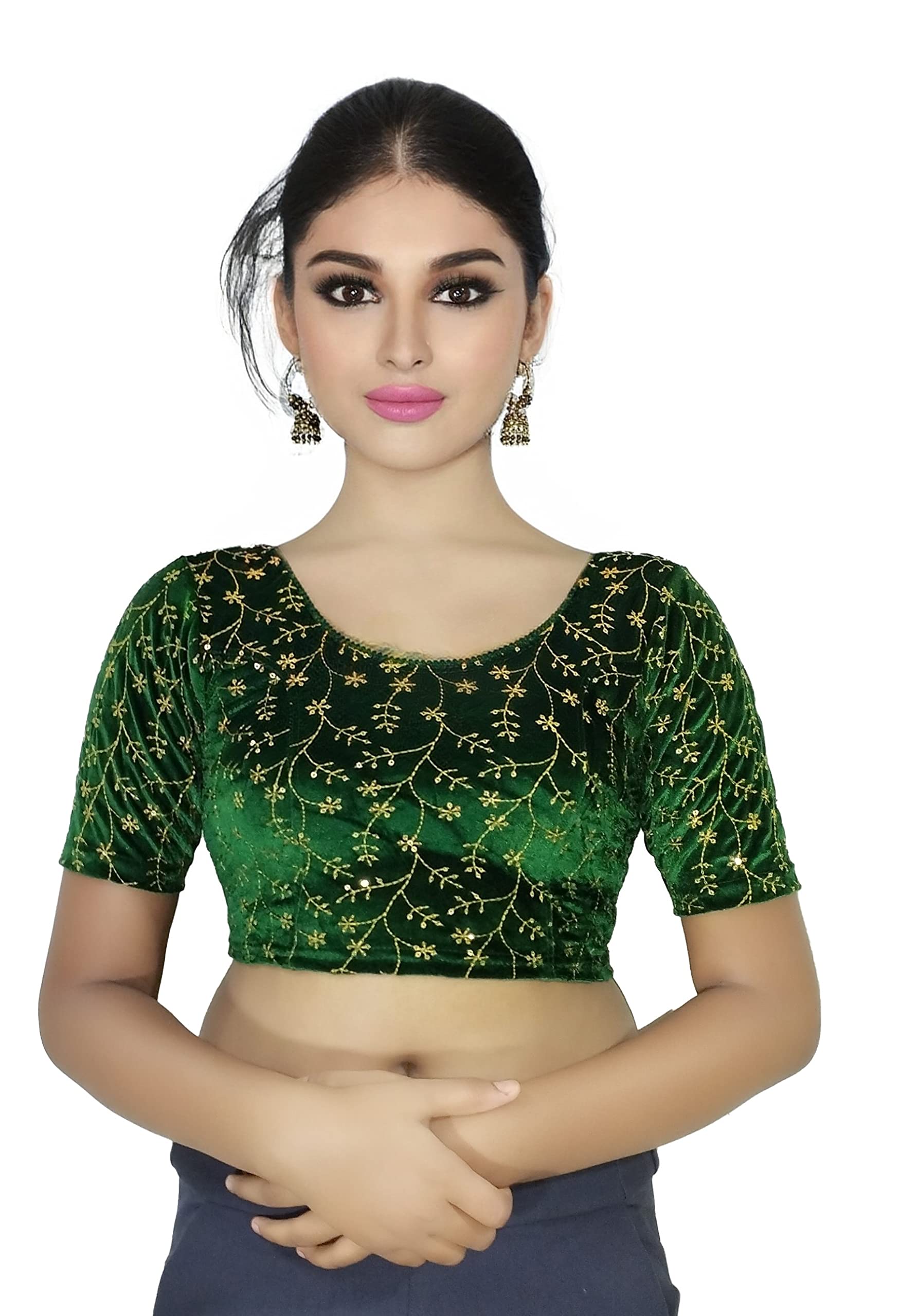 Arya EnterprisePremium Velvet Blouse with Golden Sequin Floral Embroidery - Half Sleeve, Readymade, Stretchable, Ethnic Women's Fashion