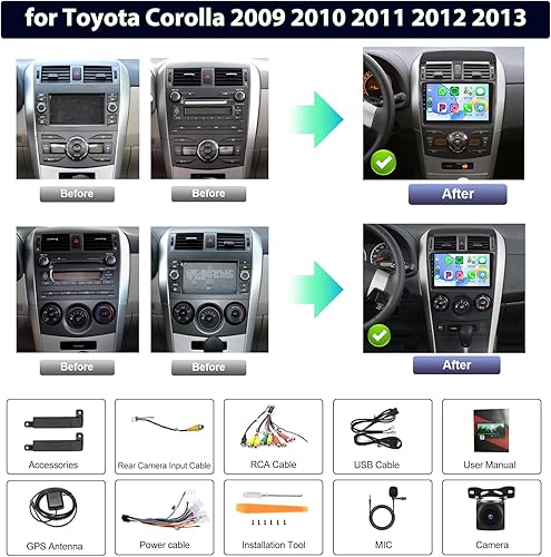 Miniatura 7 de Radio de coche 2G+64G para Toyota Corolla 2009-2013, Android Car Stereo Wireless Carplay, Rimoody 9 pulgadas pantalla táctil para Corolla Android