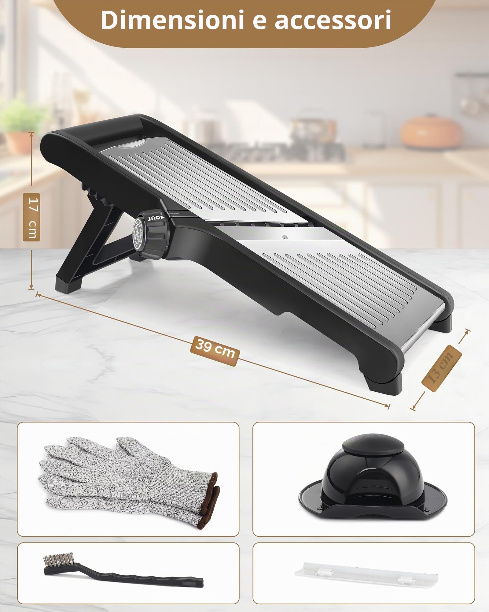 Affettatrice mandolino 5 in 1, regolabile in acciaio inox, taglierina vegetale, affettatrice pomodoro, taglierina frutta e onione, inclusi guanti resistenti