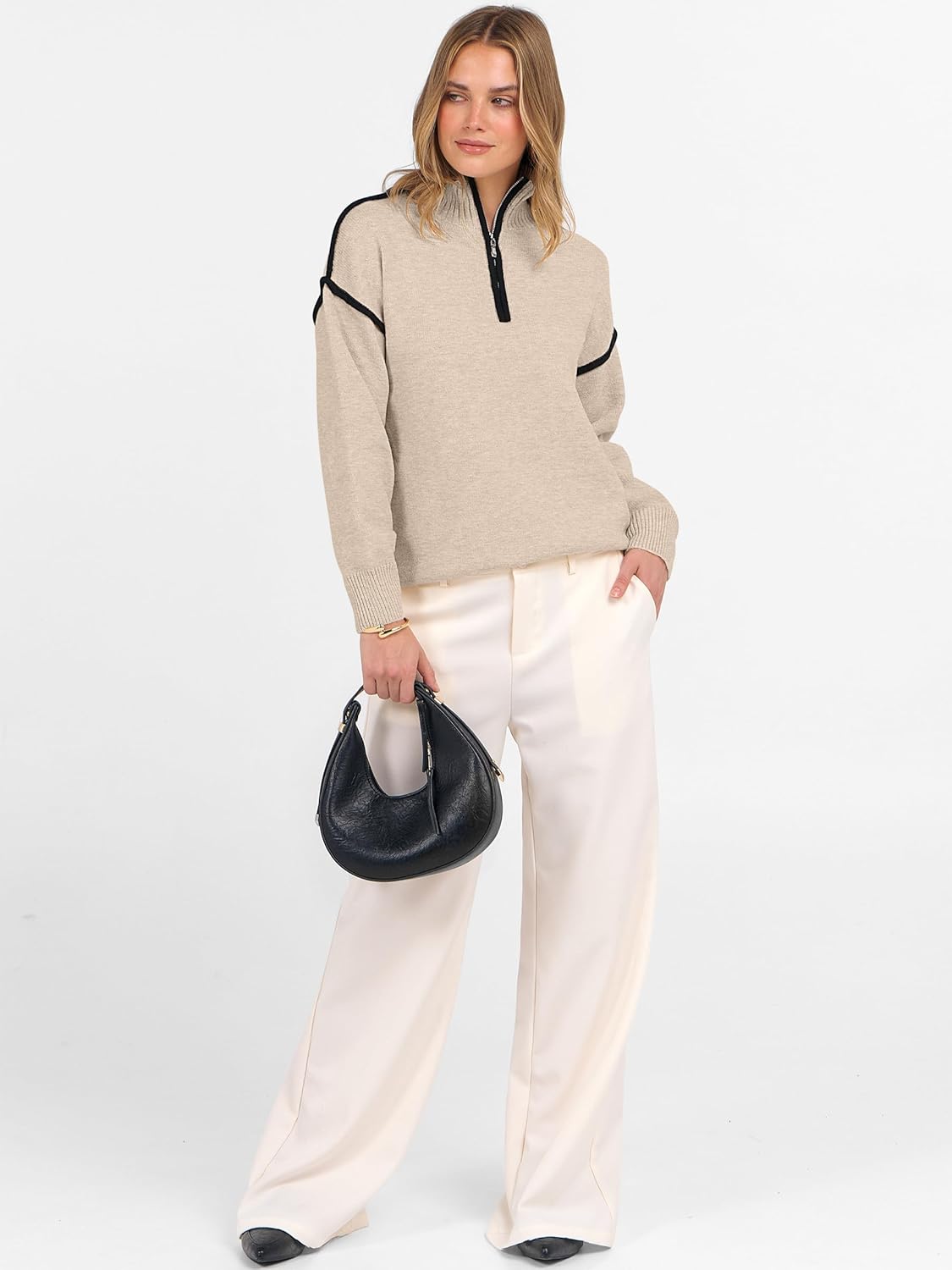 ANRABESS Womens Quarter Zip Sweaters Fall Long Sleeve V Neck Shirts Collared Business Casual Tops Knit Pullover Sweatshirts - Image 8