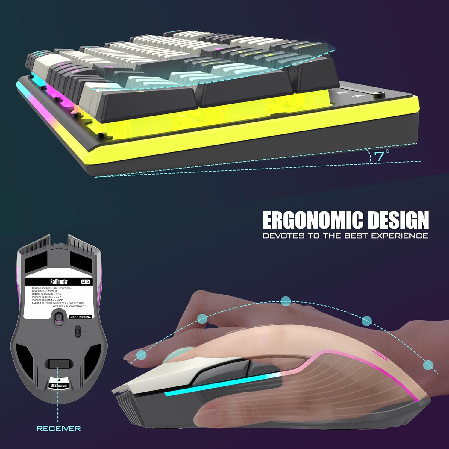 RedThunder K10 Pro Wireless Gaming Keyboard and Mouse Combo, RGB Backlit Rechargeable 3800mAh Battery, Mechanical Feel Anti-ghosting Keyboard + 7D 3200DPI Mice for PC Gamer(White Gray)