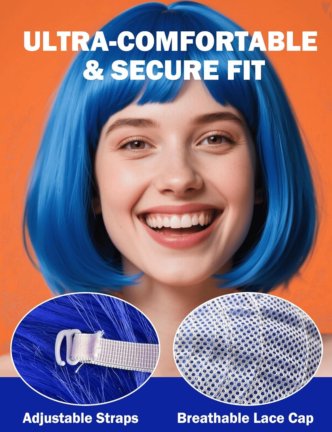 PORSMEER Short Bob Blue Wig and Sunglasses 12 Inch Straight Colorful Hair Wigs with Fringe for Women Unisex for Halloween Costume Cosplay Party Tourism+ Free Wig Cap - Image 3