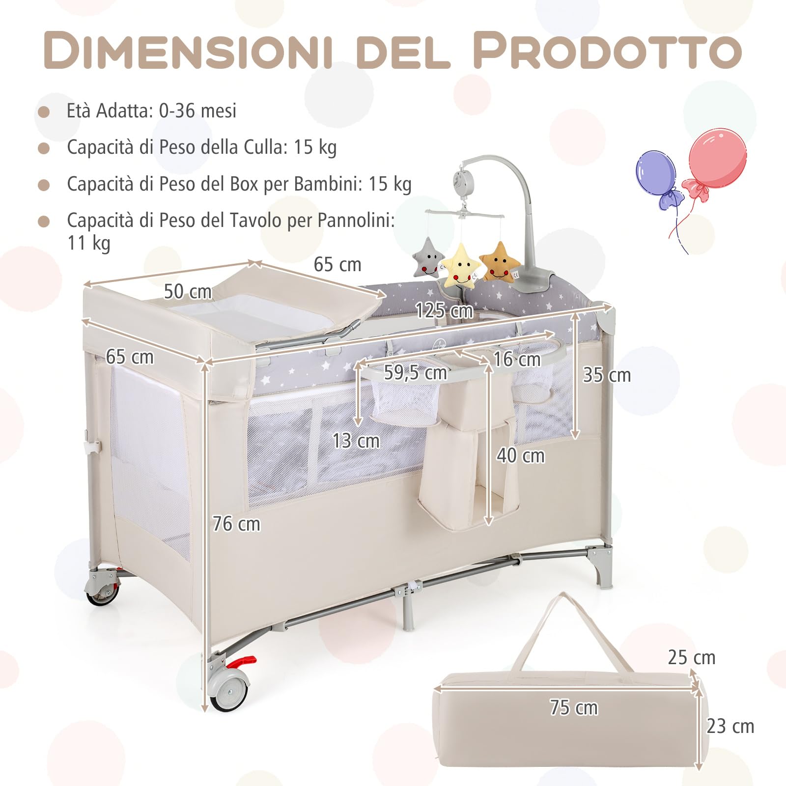 GYMAX Culla 5 in 1 con Fasciatoio, Palestrina, Scatola Musicale, Giochi, da Viaggio per Bambini, Lettino Portatile con Borsa da Trasporto per Neonati e Bambini (Beige)