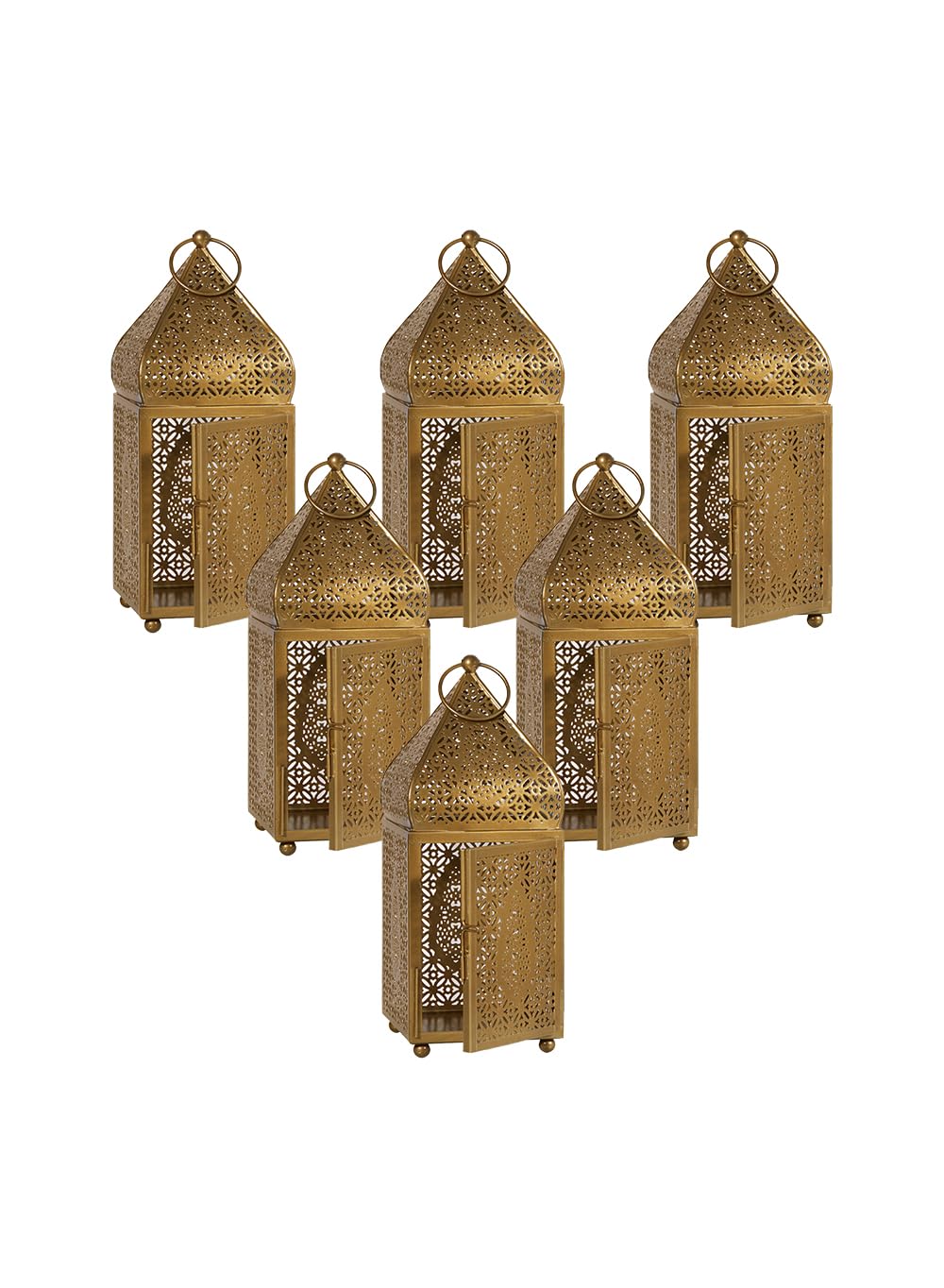 Serene Spaces LivingMoroccan Lightweight Thin Gold Ornate Candle Lantern, Antique Gold Lantern, Decorative Candle Holders, Indian Wedding, Eid, Ramadan, 4.5" Diameter & 12" Tall, Pack of 6